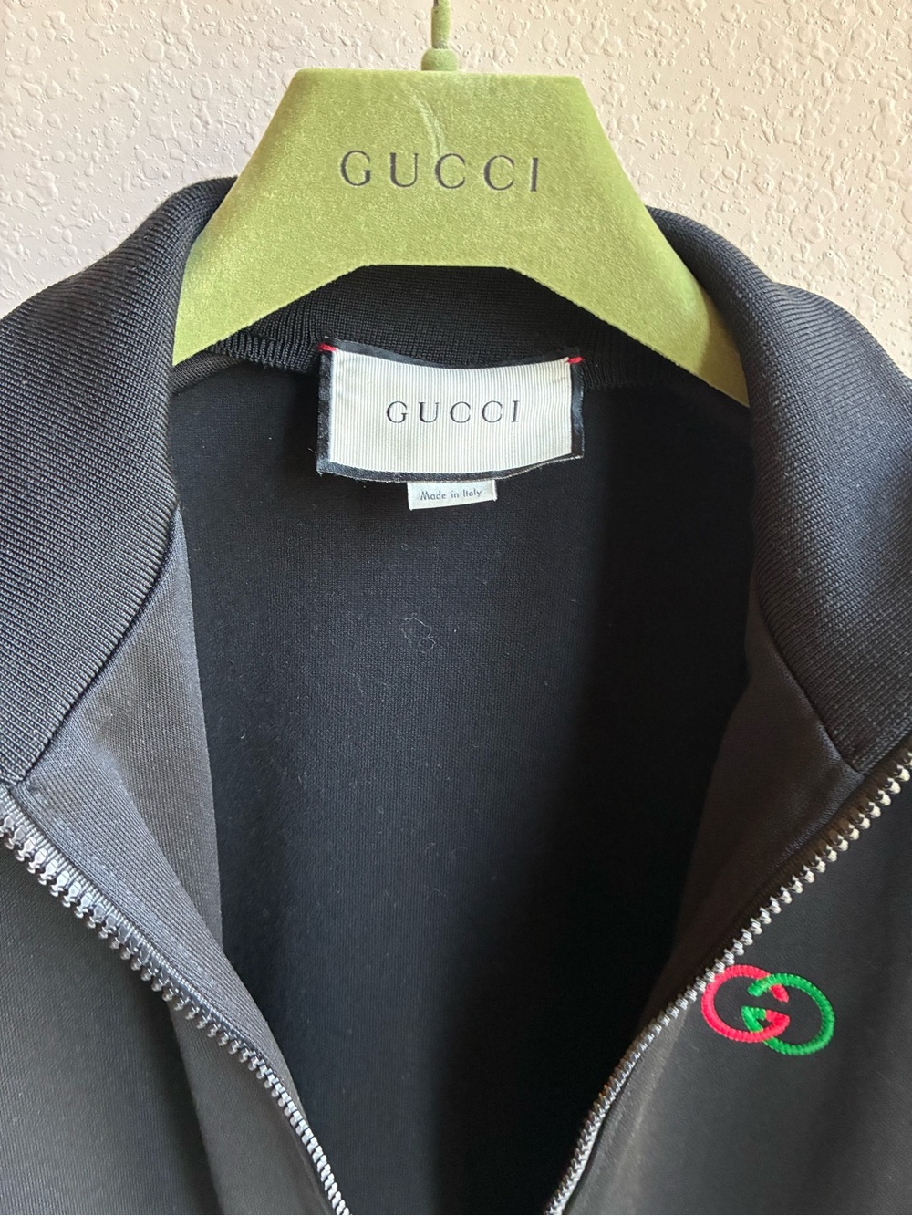 Gucci Black Zip-Front Bomber Jacket with Green & Red Interlocking GG Patch